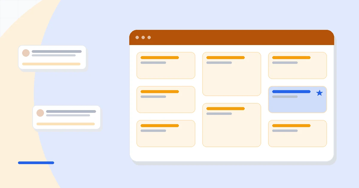 Flat illustration of an email marketing dashboard with a newsletter editor beside an event RSVP registration page, deep blue and amber palette