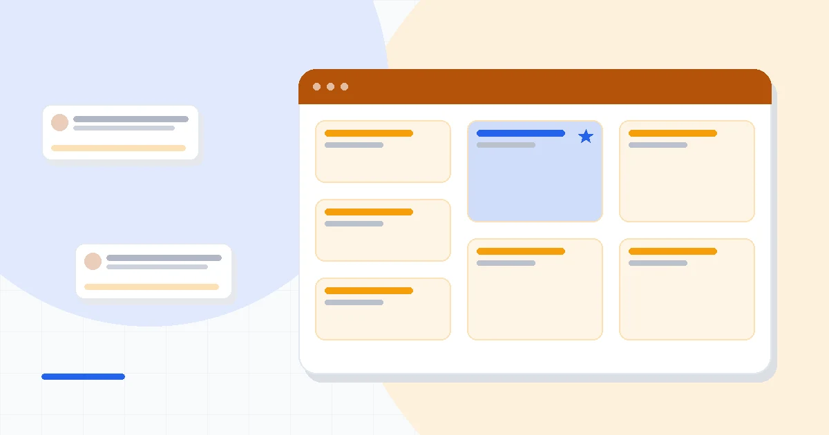Flat illustration of two email campaign editors side by side with an envelope, deep blue and amber palette