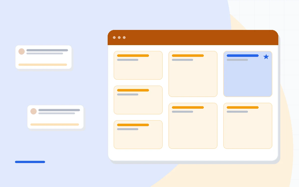 Flat illustration of a creator writing a simple newsletter with subscriber tags and a growing audience chart beside the desk, deep blue and amber palette