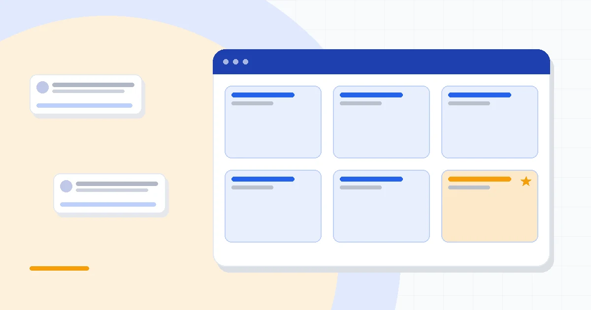 Flat illustration of an email inbox connected to a sales pipeline board, with calendar and file cards flowing into deal records, deep blue and amber palette