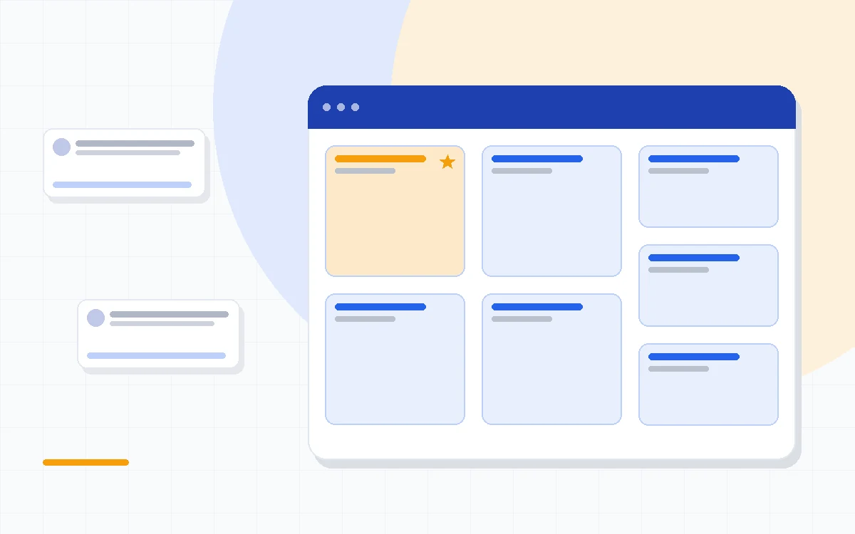 Flat illustration of an email inbox connected to a sales pipeline board, with calendar and file cards flowing into deal records, deep blue and amber palette