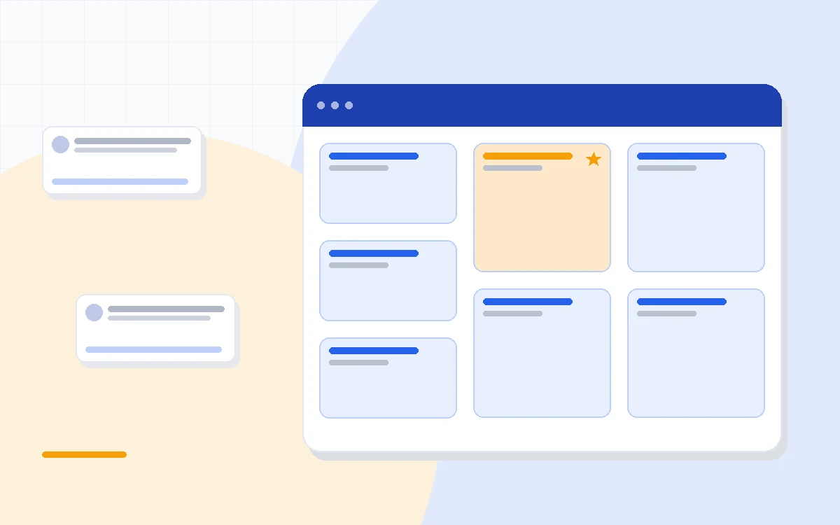 Flat illustration of an email inbox connected to a contact card and a deal pipeline, deep blue and amber palette