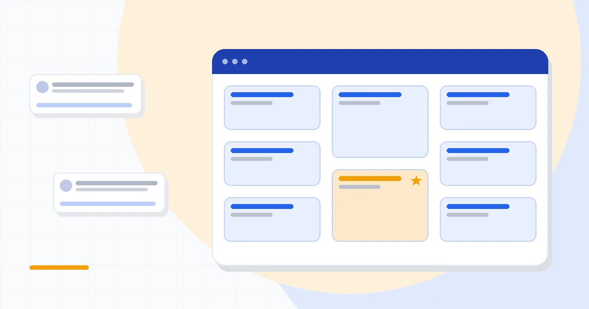 Flat illustration of an email inbox linked to a contact card and a deal pipeline, deep blue and amber palette
