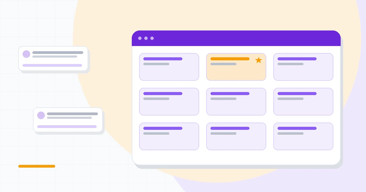 Flat illustration of a workflow board producing email, social and blog cards, deep blue and amber palette