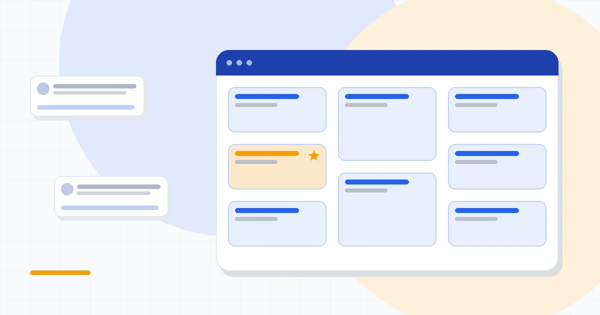 Flat illustration of a flat workflow diagram linking CRM records and automation steps, deep blue and amber palette