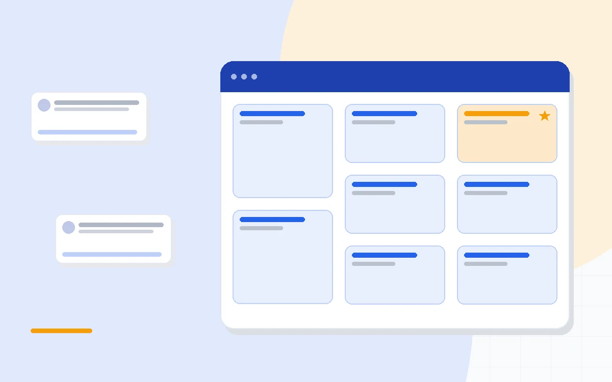 Flat illustration of a visual workflow diagram connecting CRM records, deep blue and amber palette