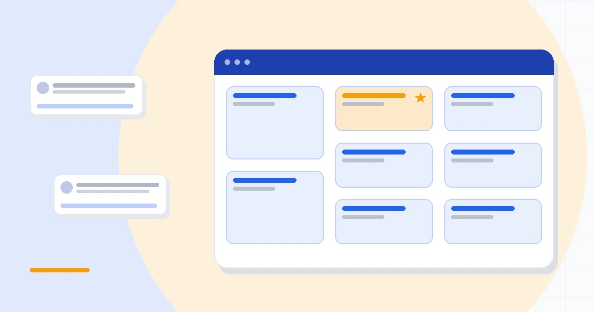 Flat illustration of a CRM implementation checklist with pipeline stages, data boxes and a launch flag, deep blue and amber palette