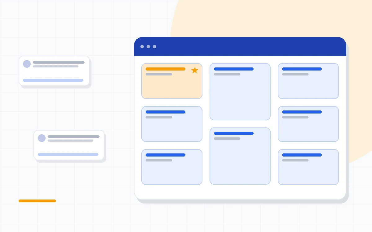 Flat illustration of a go-live checklist with pipeline stages, data import boxes and a green launch flag, deep blue and amber palette