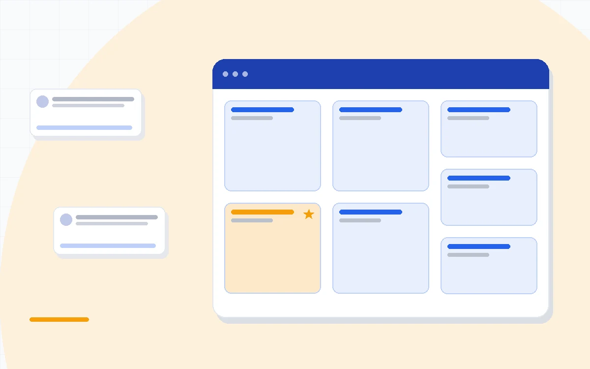 Flat illustration of a customer timeline showing emails, opens and deals together on one contact record screen, deep blue and amber palette