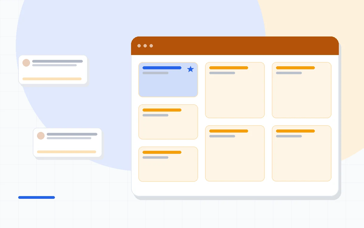 Flat illustration of a workflow diagram with branching trigger nodes beside a data pipeline icon, deep blue and amber palette