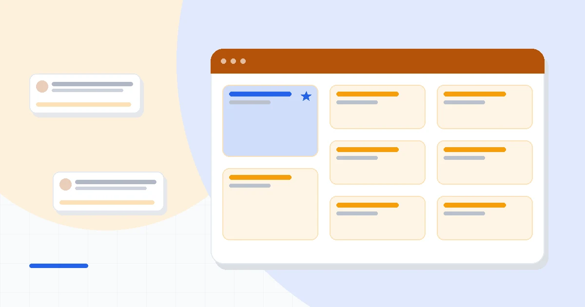 Flat illustration of a workflow diagram with branching trigger nodes beside a data pipeline icon, deep blue and amber palette