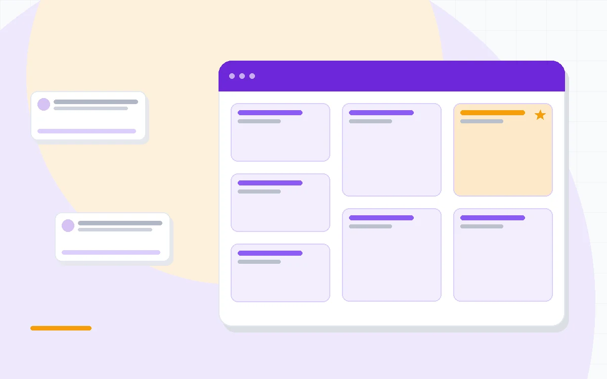 Flat illustration of a text transcript editor beside a video timeline and an AI voice waveform, deep blue and amber palette