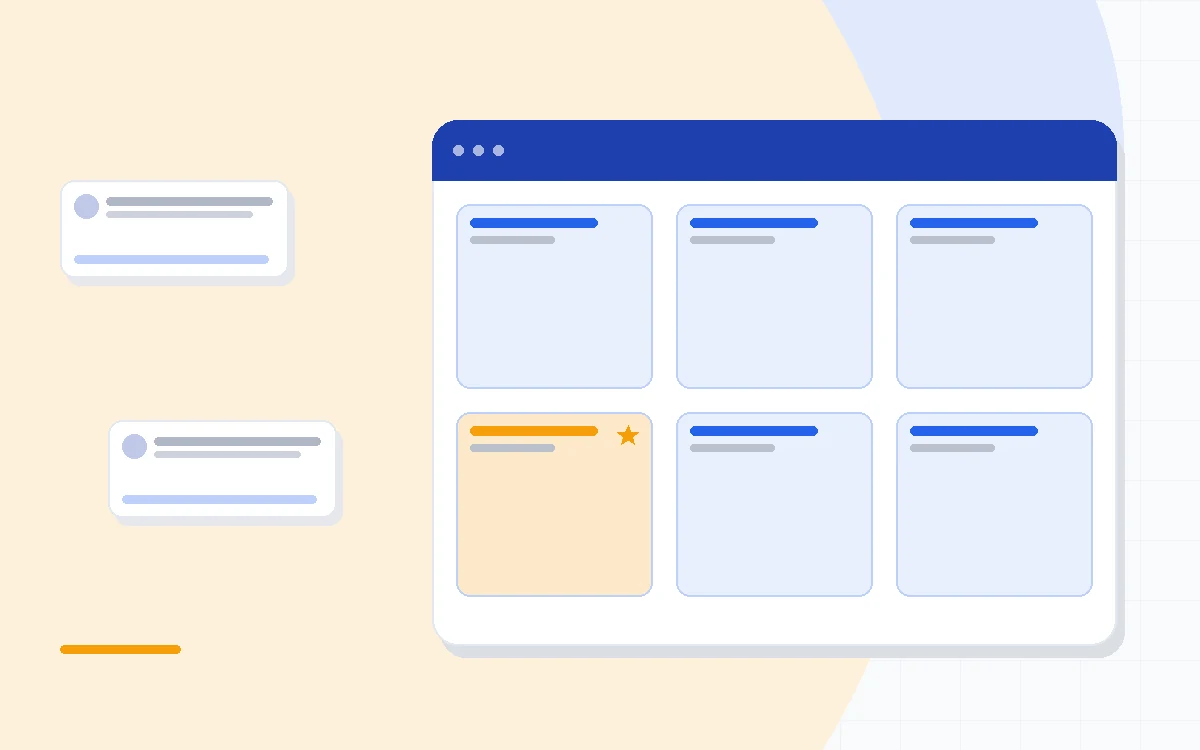 Flat illustration of two large CRM dashboards side by side with a scale between them, deep blue and amber palette