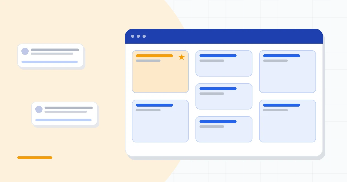 Flat illustration of two large CRM dashboards side by side with a scale between them, deep blue and amber palette