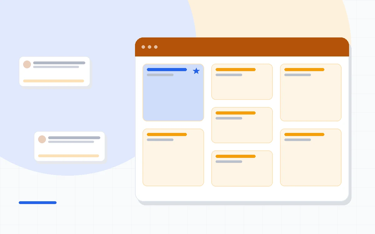 Flat illustration of an email automation workflow with a trigger card, a wait step and three emails branching to a subscriber, deep blue and amber palette