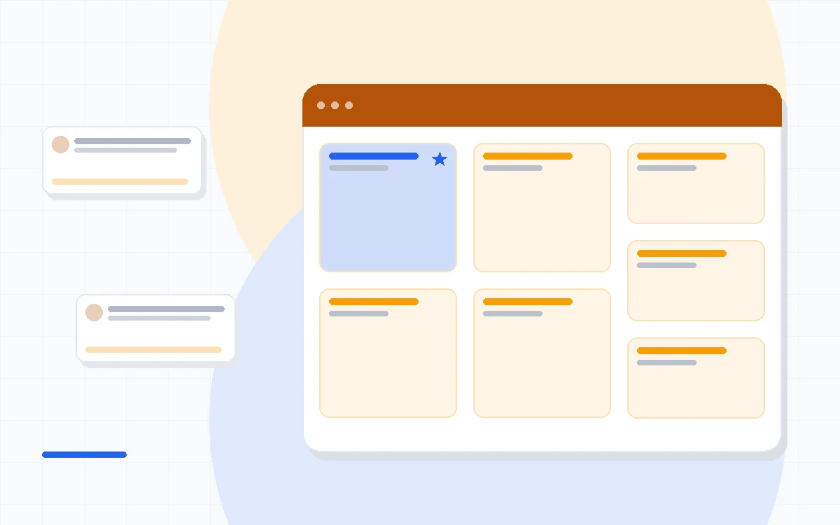 Flat illustration of an email analytics dashboard with open rate, click rate and revenue charts, deep blue and amber palette