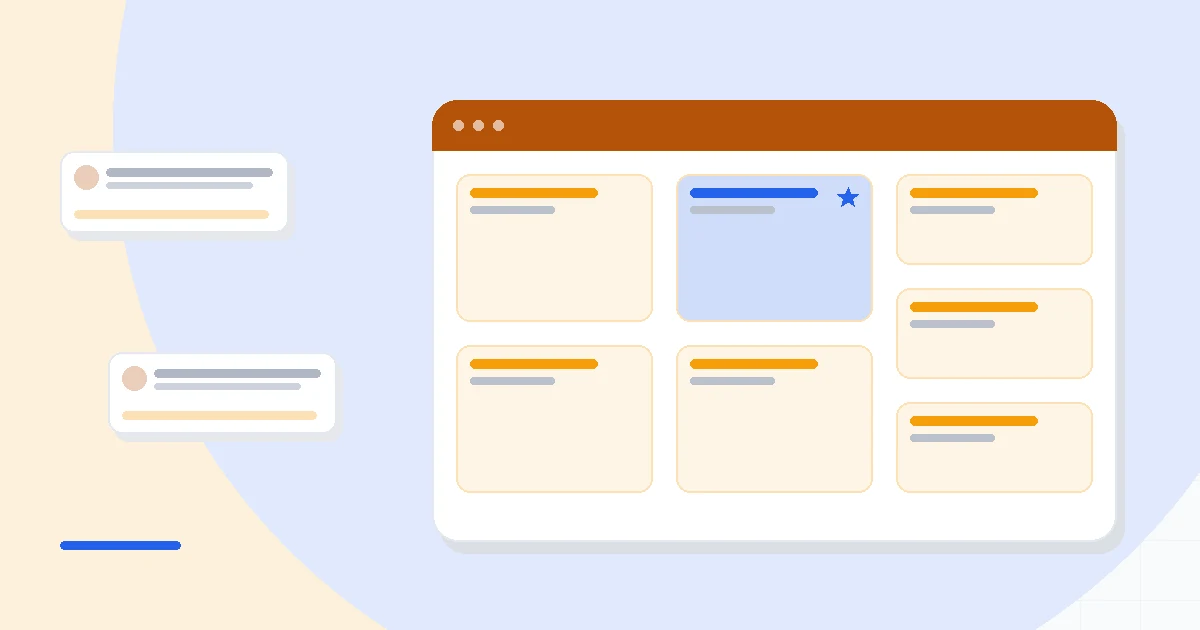 Flat illustration of email template cards with a welcome letter, cart reminder and thank you note, deep blue and amber palette