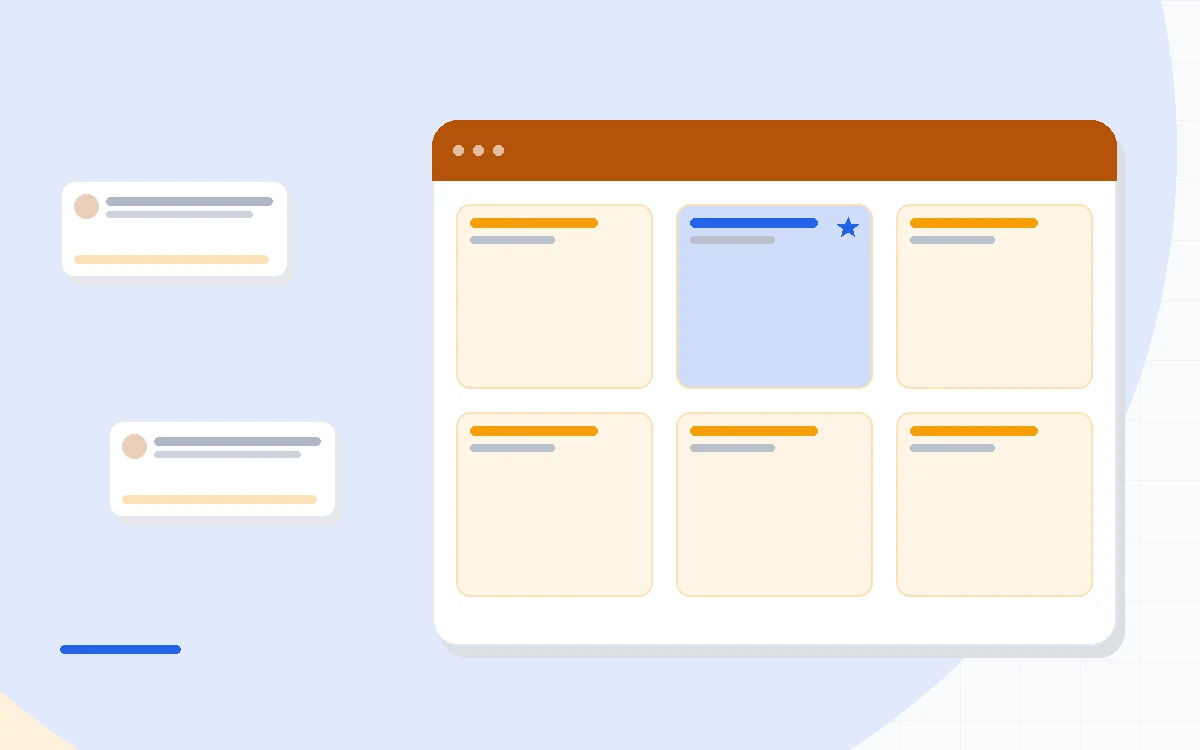 Flat illustration of eleven email template cards arranged as a playbook with a welcome letter, cart reminder and thank you note, deep blue and amber palette
