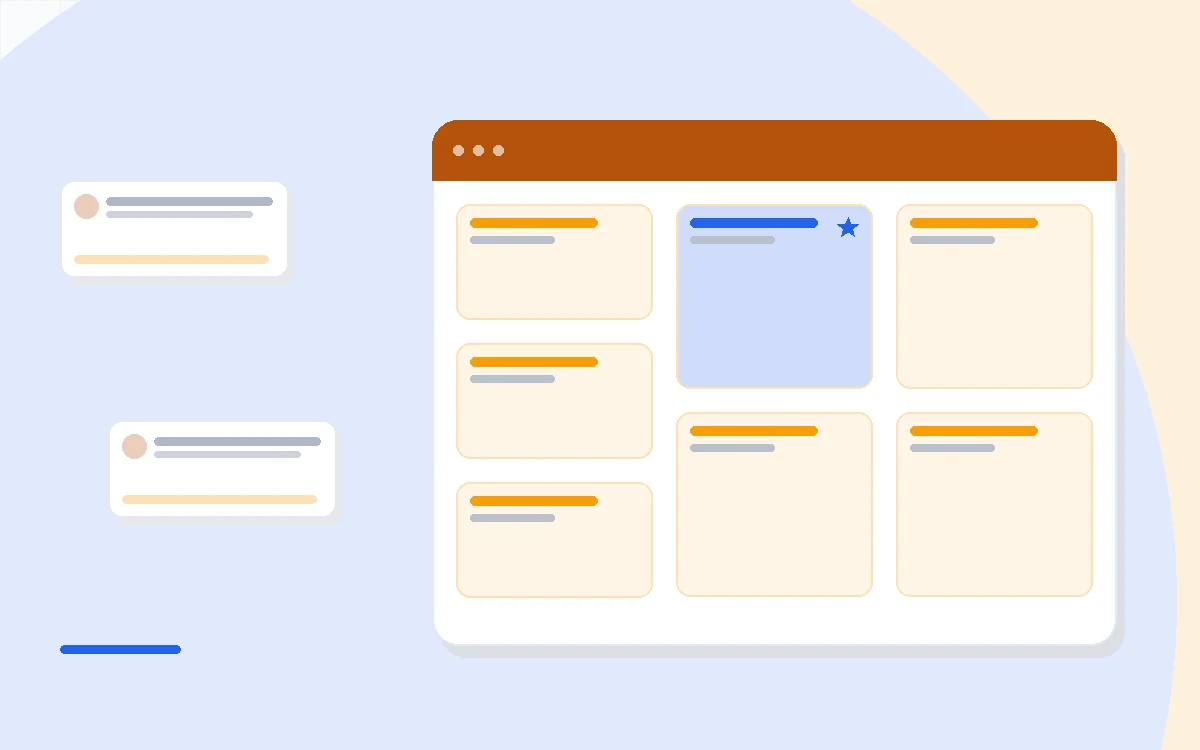 Flat illustration of an email inbox icon beside a subscriber list ledger and a low-cost pricing tag, deep blue and amber palette