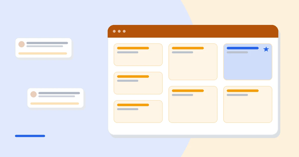 Flat illustration of an email inbox icon beside a subscriber list ledger and a low-cost pricing tag, deep blue and amber palette