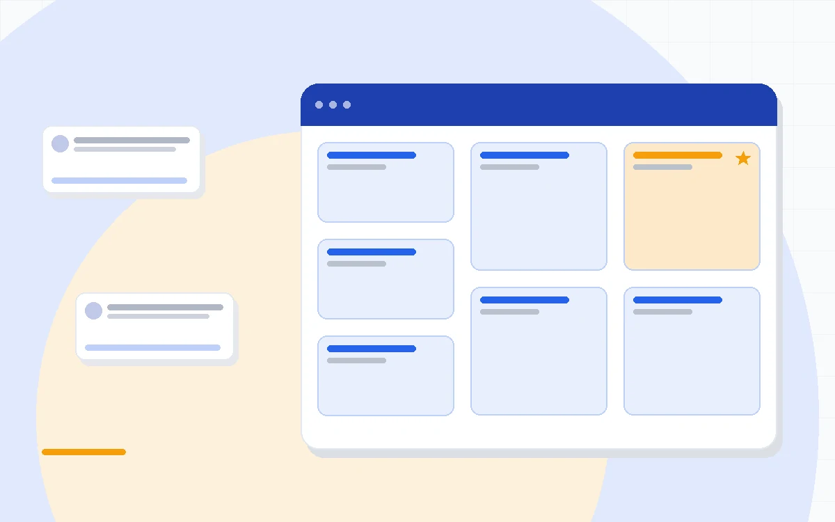 Flat illustration of a CRM contact record beside an email campaign and a support inbox, deep blue and amber palette