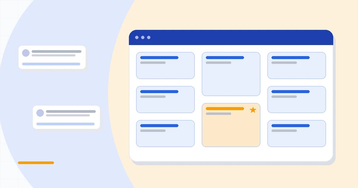 Flat illustration of a CRM contact record beside an email campaign and a support inbox, deep blue and amber palette