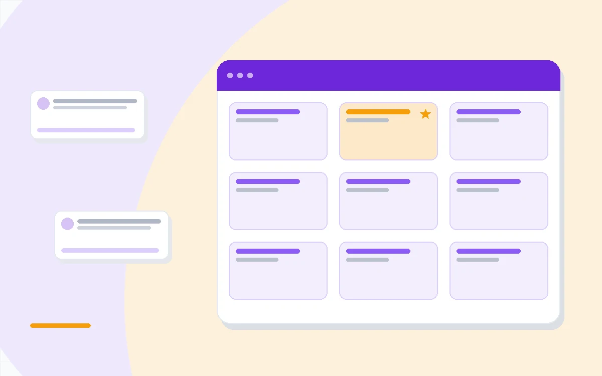 Flat illustration of a meeting transcript panel beside an AI assistant chat bubble and a credit meter icon, deep blue and amber palette