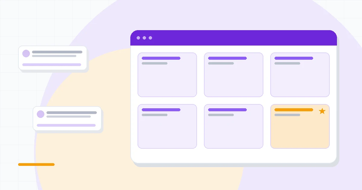 Flat illustration of a meeting transcript panel beside an AI assistant chat bubble and a credit meter icon, deep blue and amber palette