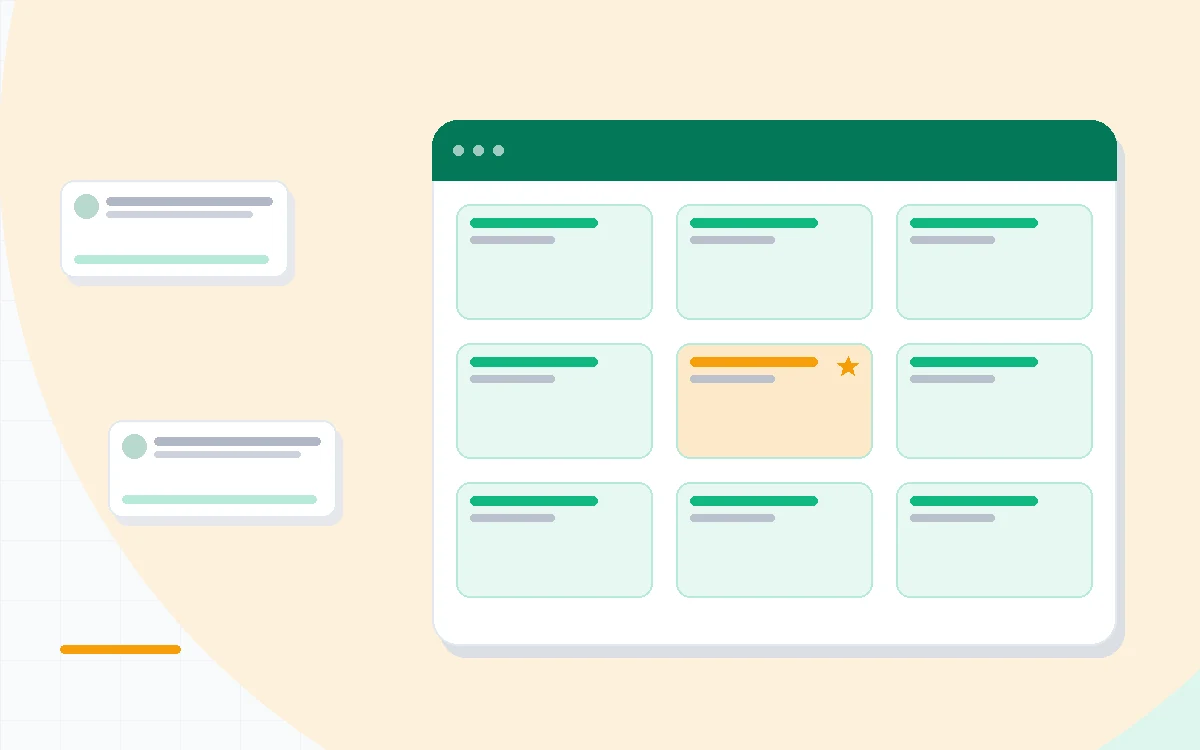 Flat illustration of a team scheduling calendar beside a capacity meter and a per-seat pricing tag, deep blue and amber palette