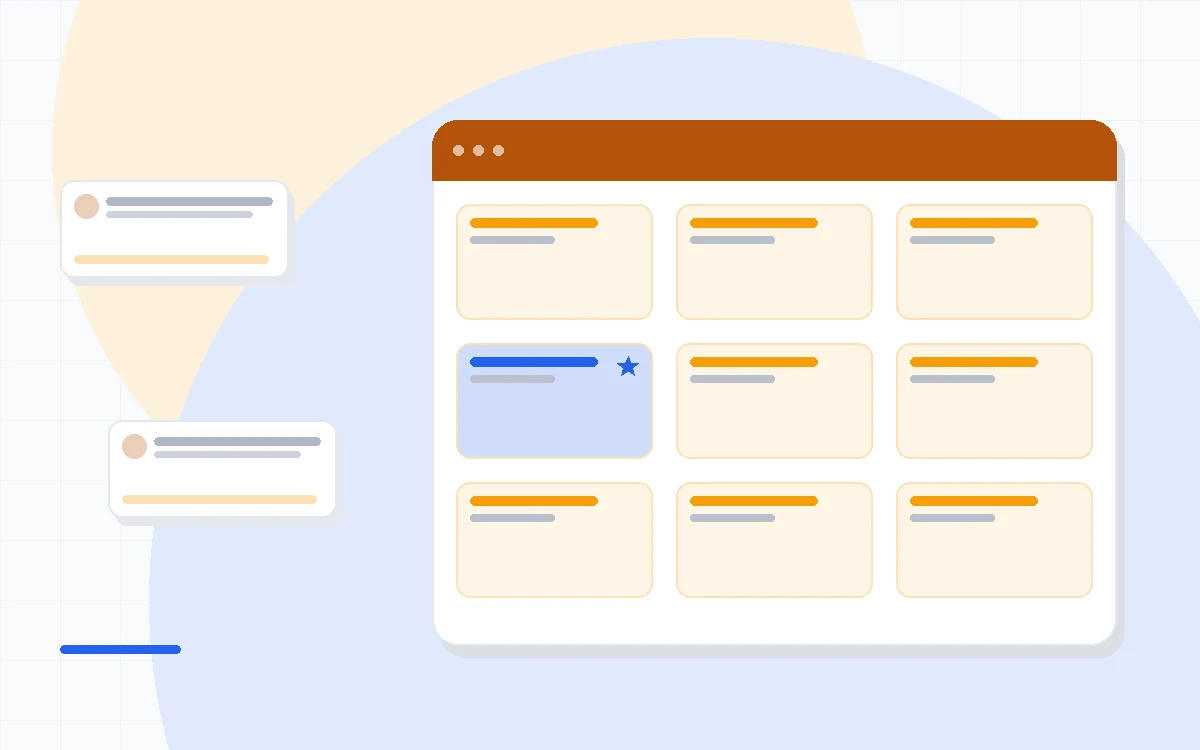 Flat illustration of an email template gallery beside a subscriber growth chart and a workflow automation diagram, deep blue and amber palette