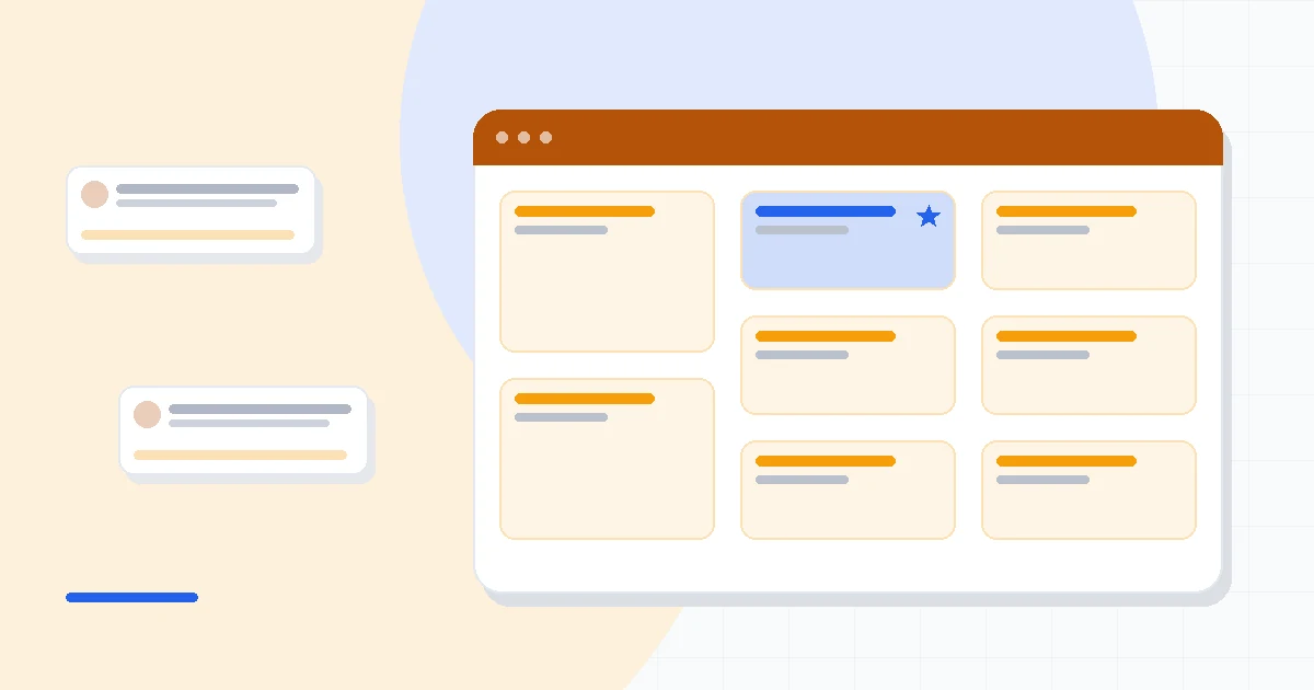 Flat illustration of an email template gallery beside a subscriber growth chart and a workflow automation diagram, deep blue and amber palette