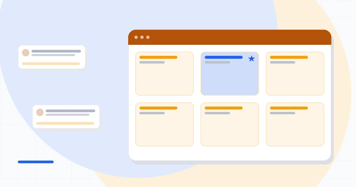 Flat illustration of two email dashboards side by side with a price slider, deep blue and amber palette