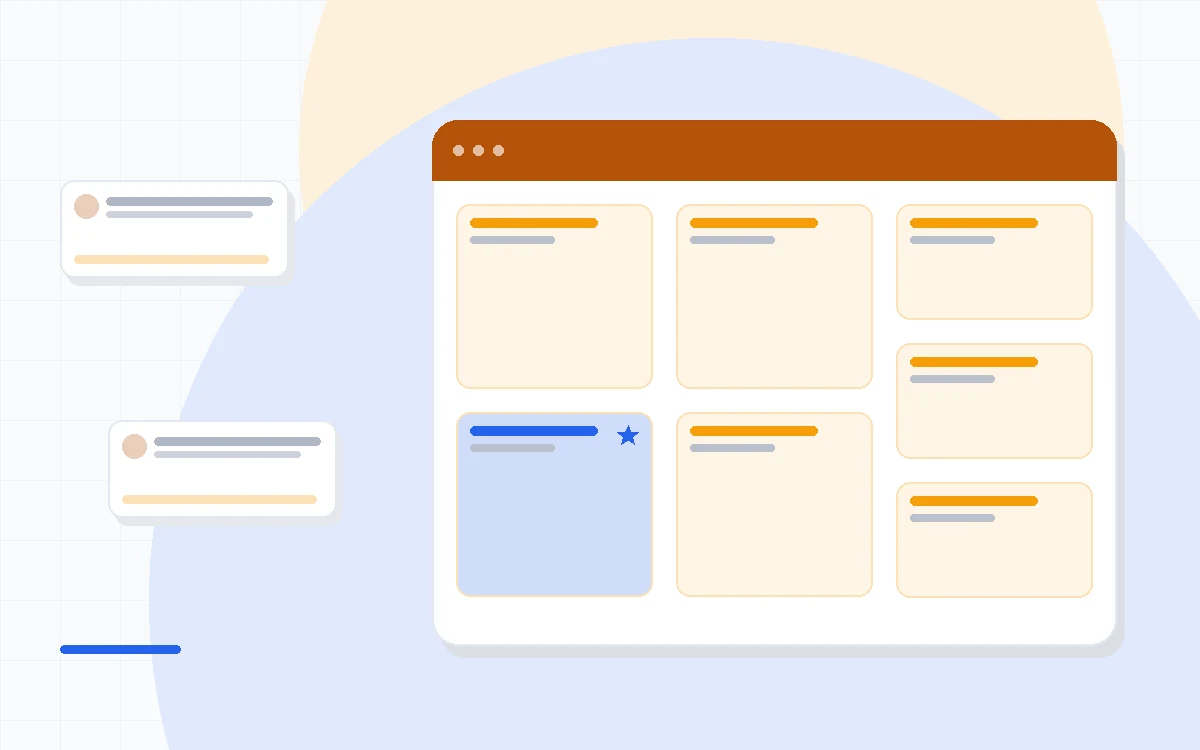 Flat illustration of an automation flowchart next to a designed email template, deep blue and amber palette