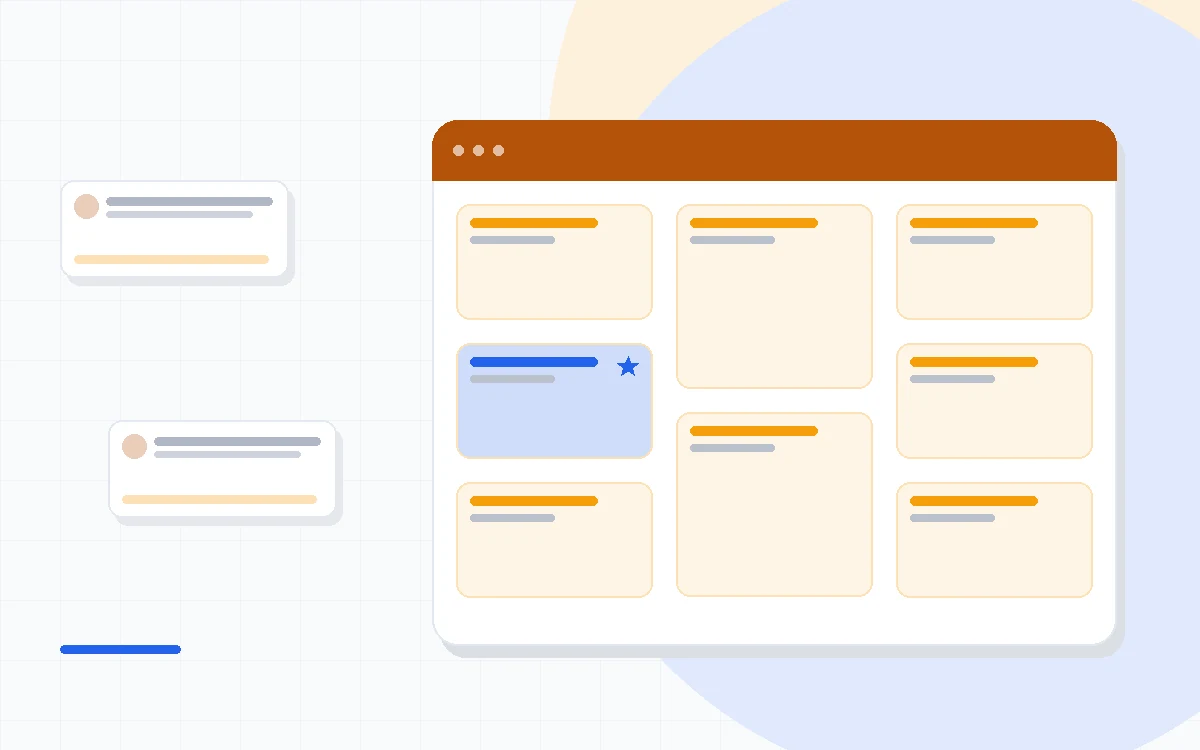 Flat illustration of two email dashboards side by side with a price slider, deep blue and amber palette