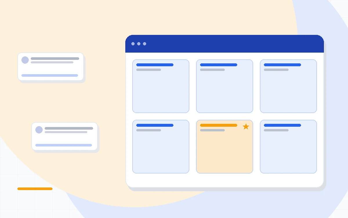 Flat illustration of a contact card grid beside a browser extension icon and a synced inbox panel, deep blue and amber palette