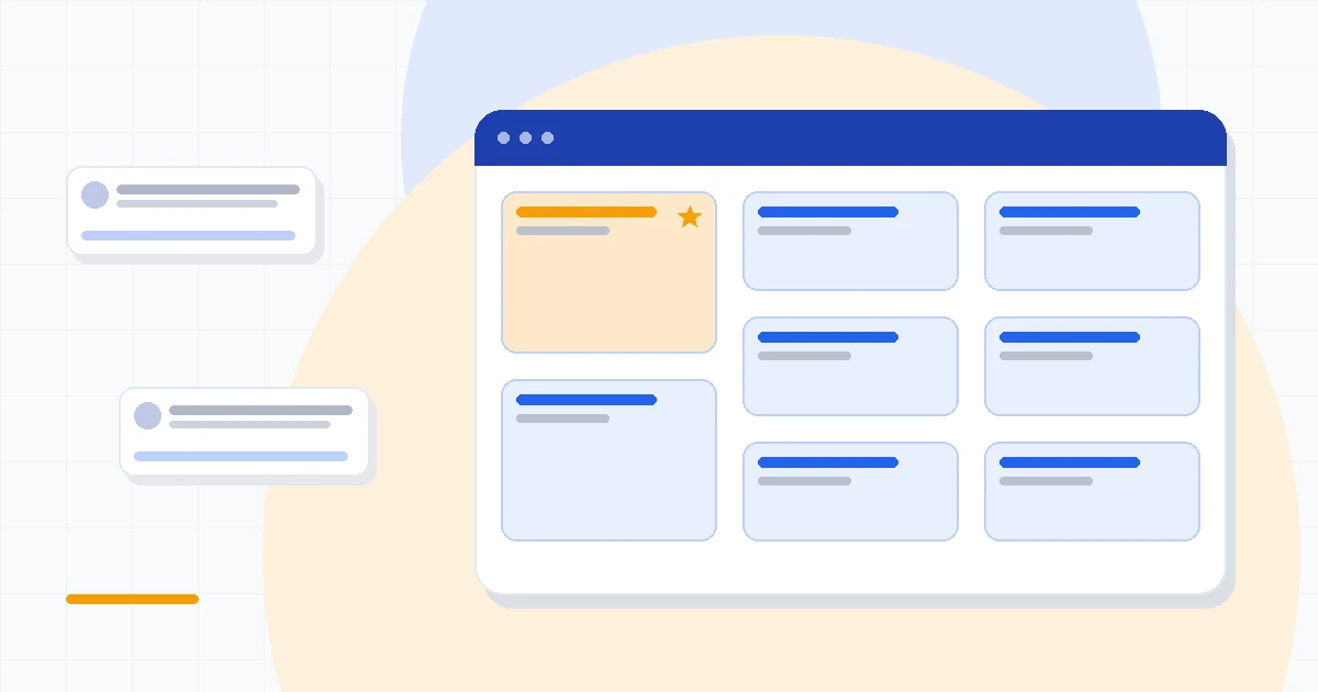 Flat illustration of a contact card grid beside a relationship network icon and a browser extension panel, deep blue and amber palette