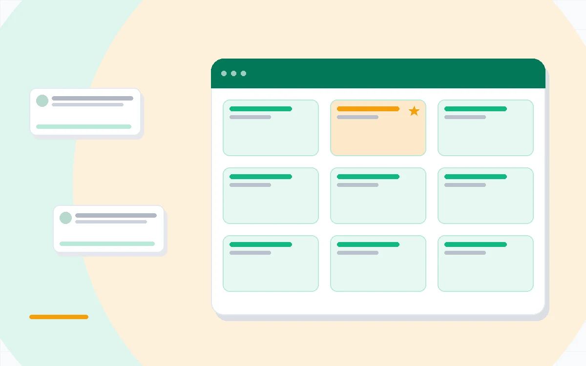 Flat illustration of free plan limits shown as cards with caps for boards, members and storage next to a kanban board, deep blue and amber palette