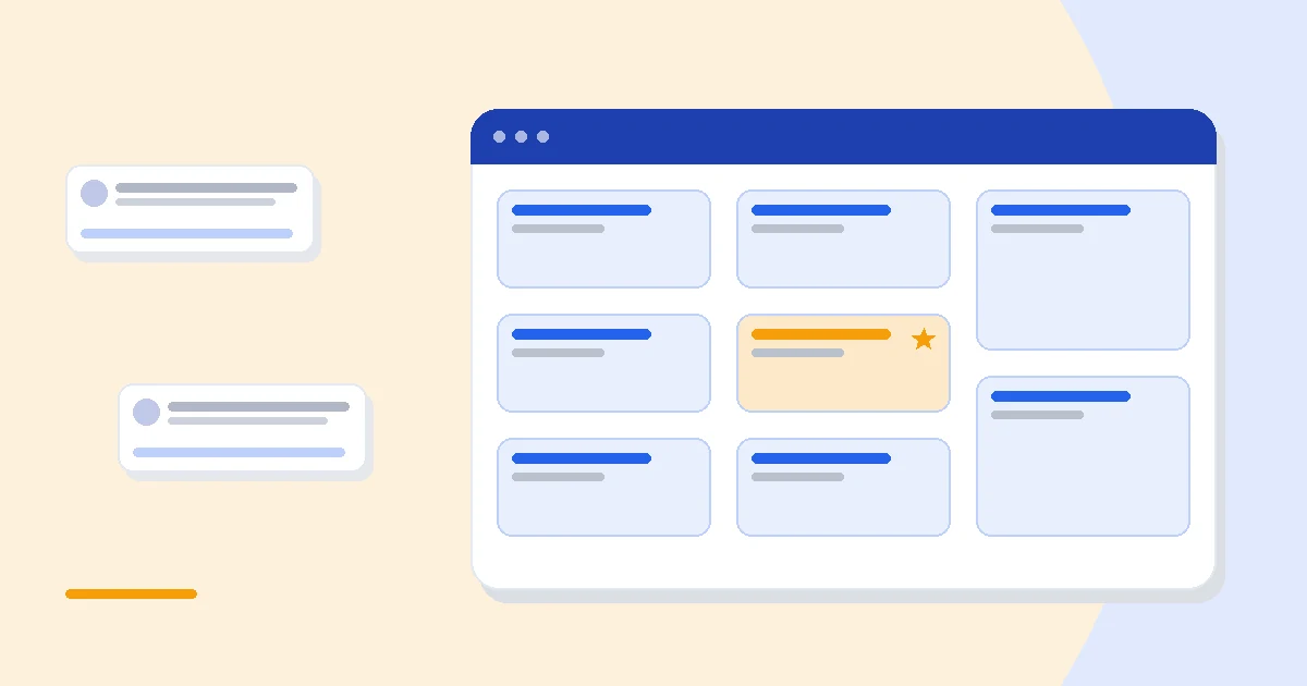 Flat illustration of a CRM contact record with built-in phone dialer, email tracking and deal pipeline on one screen, deep blue and amber palette
