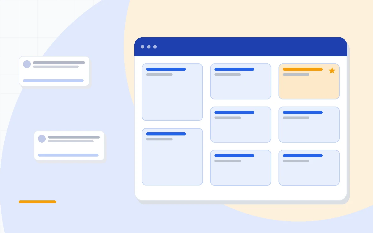 Flat illustration of a CRM contact record with built-in phone dialer, email tracking and deal pipeline on one screen, deep blue and amber palette