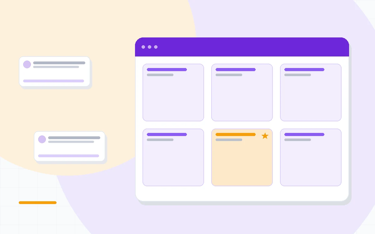 Flat illustration of an AI generated slide deck beside a drag and drop design canvas, deep blue and amber palette