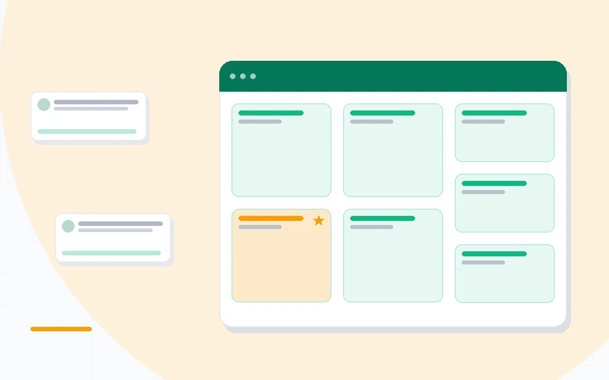 Flat illustration of a Gantt chart with dependency arrows connecting task bars across a project timeline, deep blue and amber palette