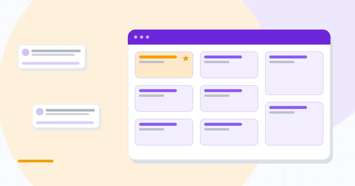 Flat illustration of a document editor with an AI sparkle assistant panel, connected email and spreadsheet cards, deep blue and amber palette