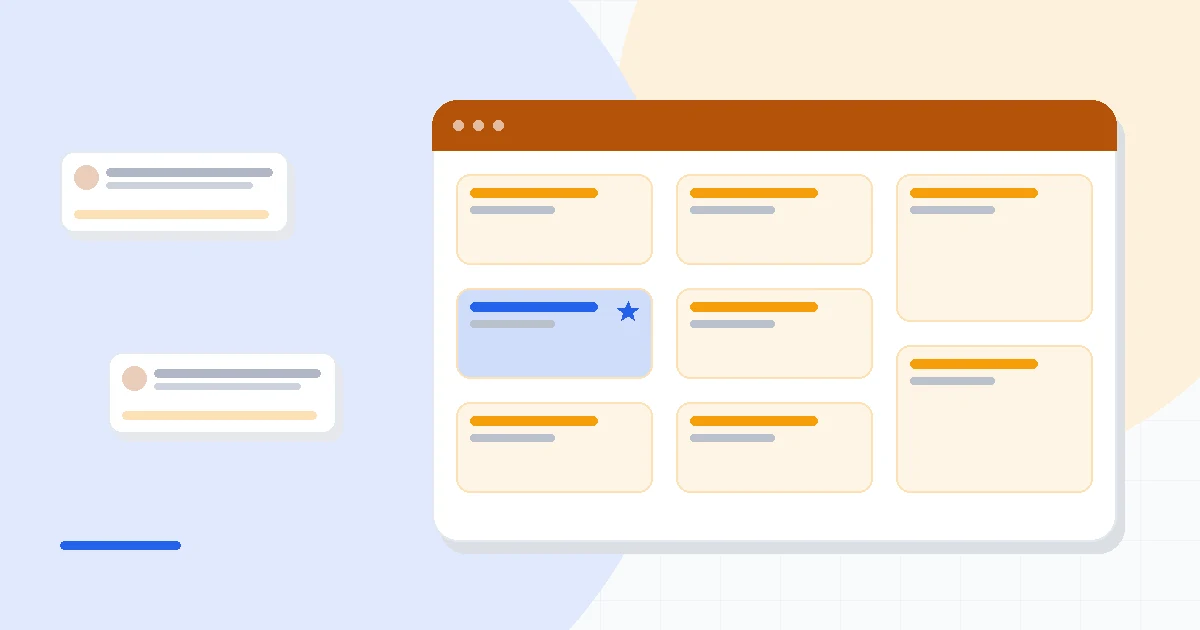 Flat illustration of an email marketing funnel combining newsletters, automation workflows, landing pages and a webinar room on one screen, deep blue and amber palette