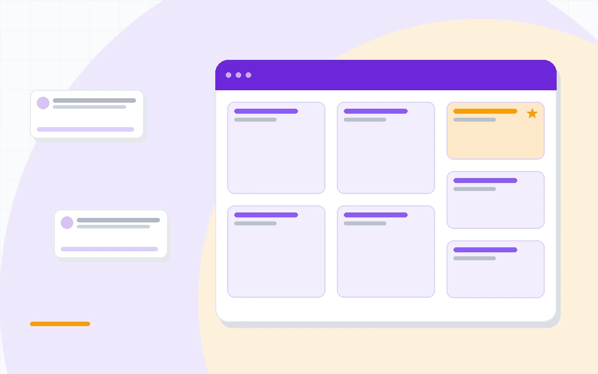 Flat illustration of a document with editing suggestions compared against AI assistant cards, deep blue and amber palette
