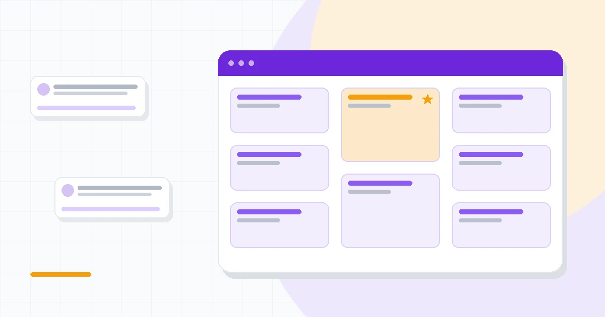 Flat illustration of a document with editing suggestion bubbles beside AI assistant cards, deep blue and amber palette