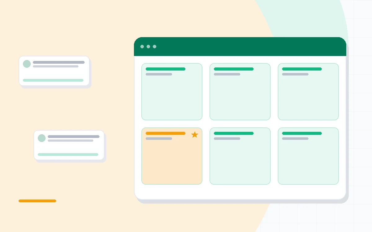 Flat illustration of a task board icon beside an AI assistant sparkle icon and a blocker flag, deep blue and amber palette