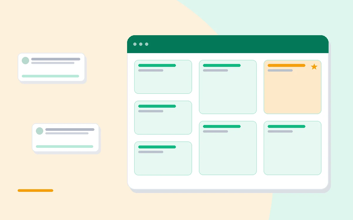 Flat illustration of a project task board beside a team chat panel and a Gantt timeline, deep blue and amber palette