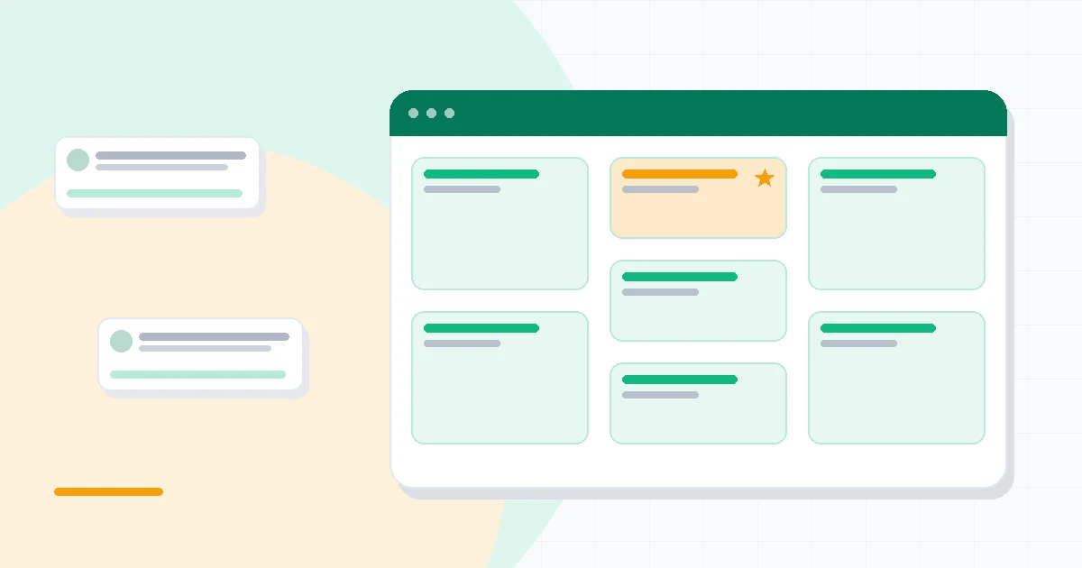 Flat illustration of a project task board beside a team chat panel and a Gantt timeline, deep blue and amber palette