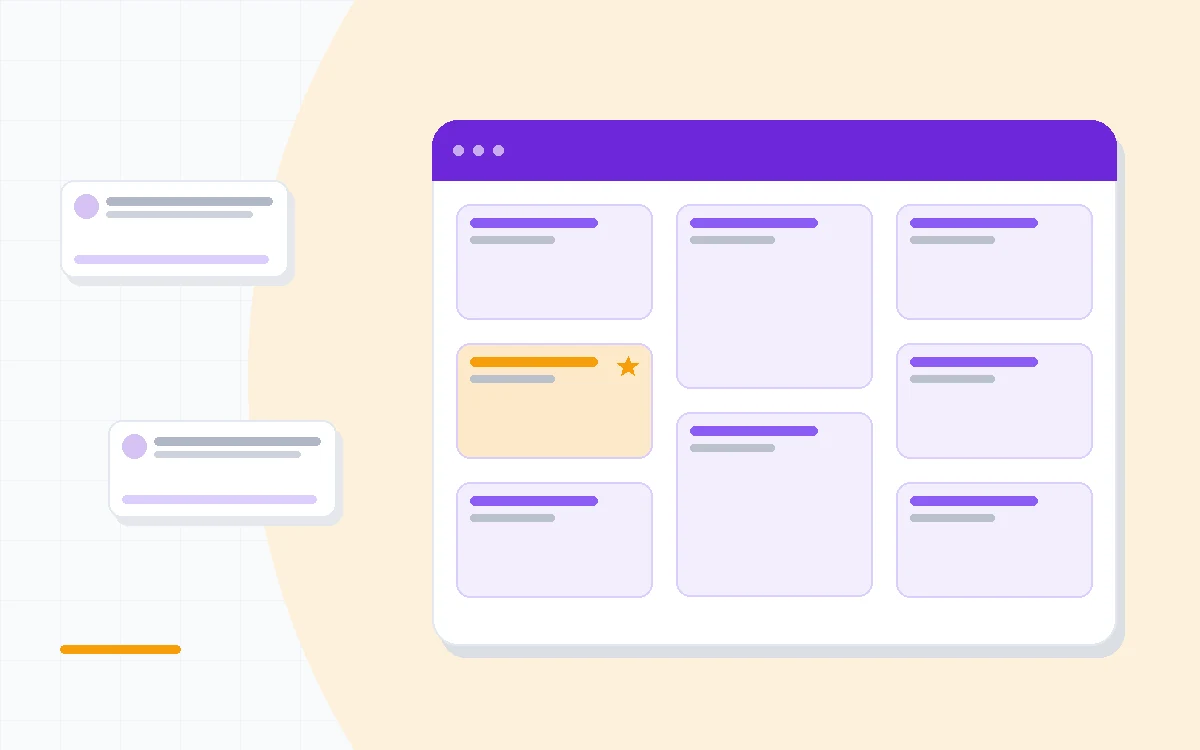 Flat illustration of a small business owner using AI assistance for drafts, customer replies and summaries across screens, deep blue and amber palette