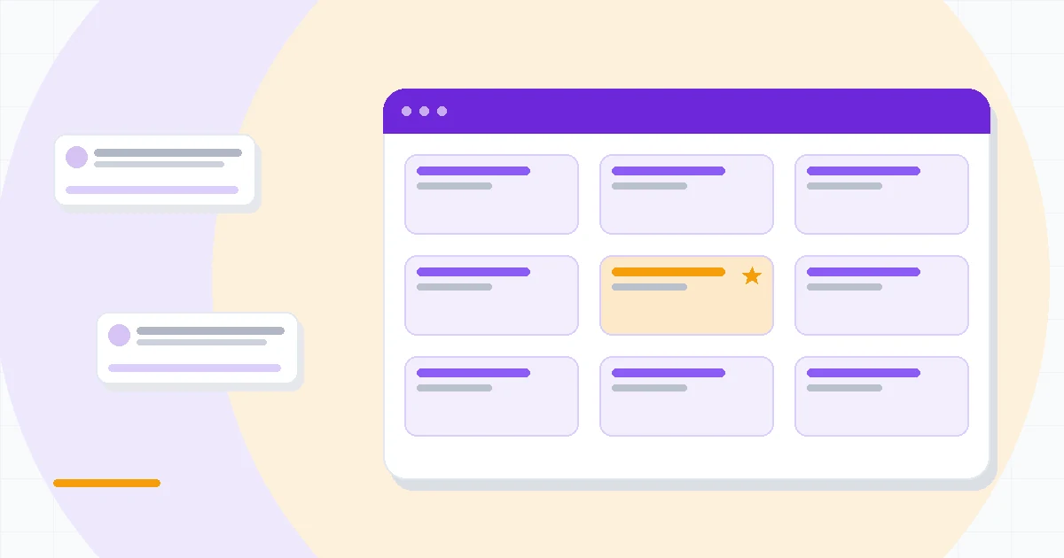 Flat illustration of a small business owner using AI assistance for drafts, customer replies and summaries across screens, deep blue and amber palette